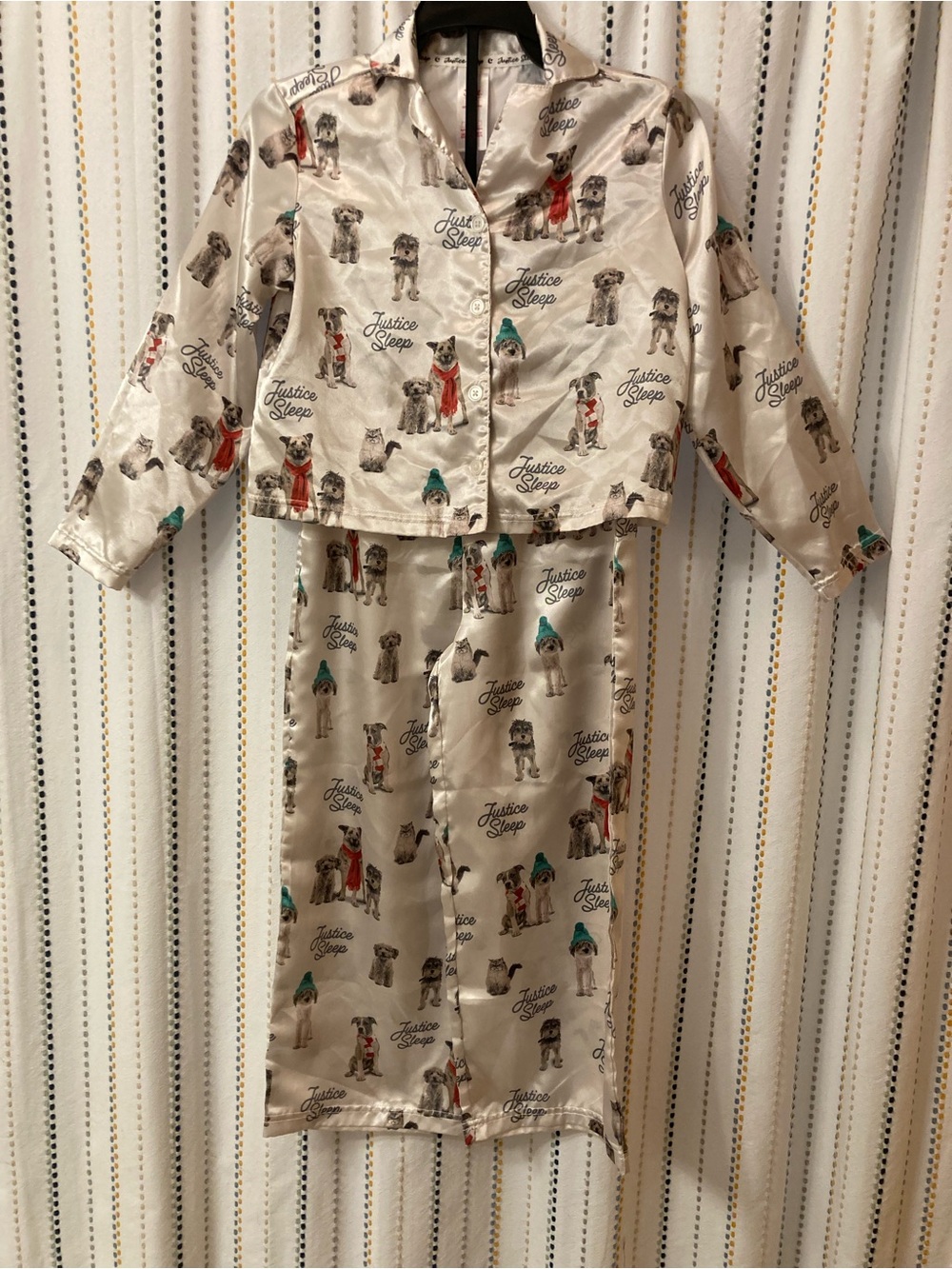 Justice Cream Satin Pajama Set with Red and Teal Dog Accents
